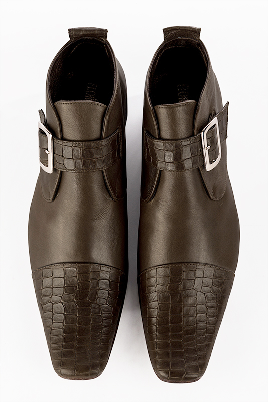 Dark brown dress ankle boots for men. Square toe. Flat leather soles. Top view - Florence KOOIJMAN